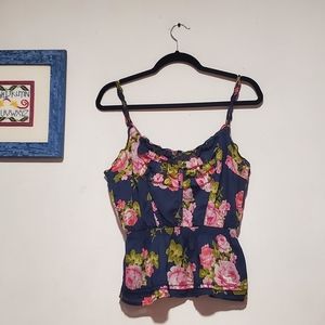 Blue and Pink Floral Spaghetti-Strap Peplum Blouse